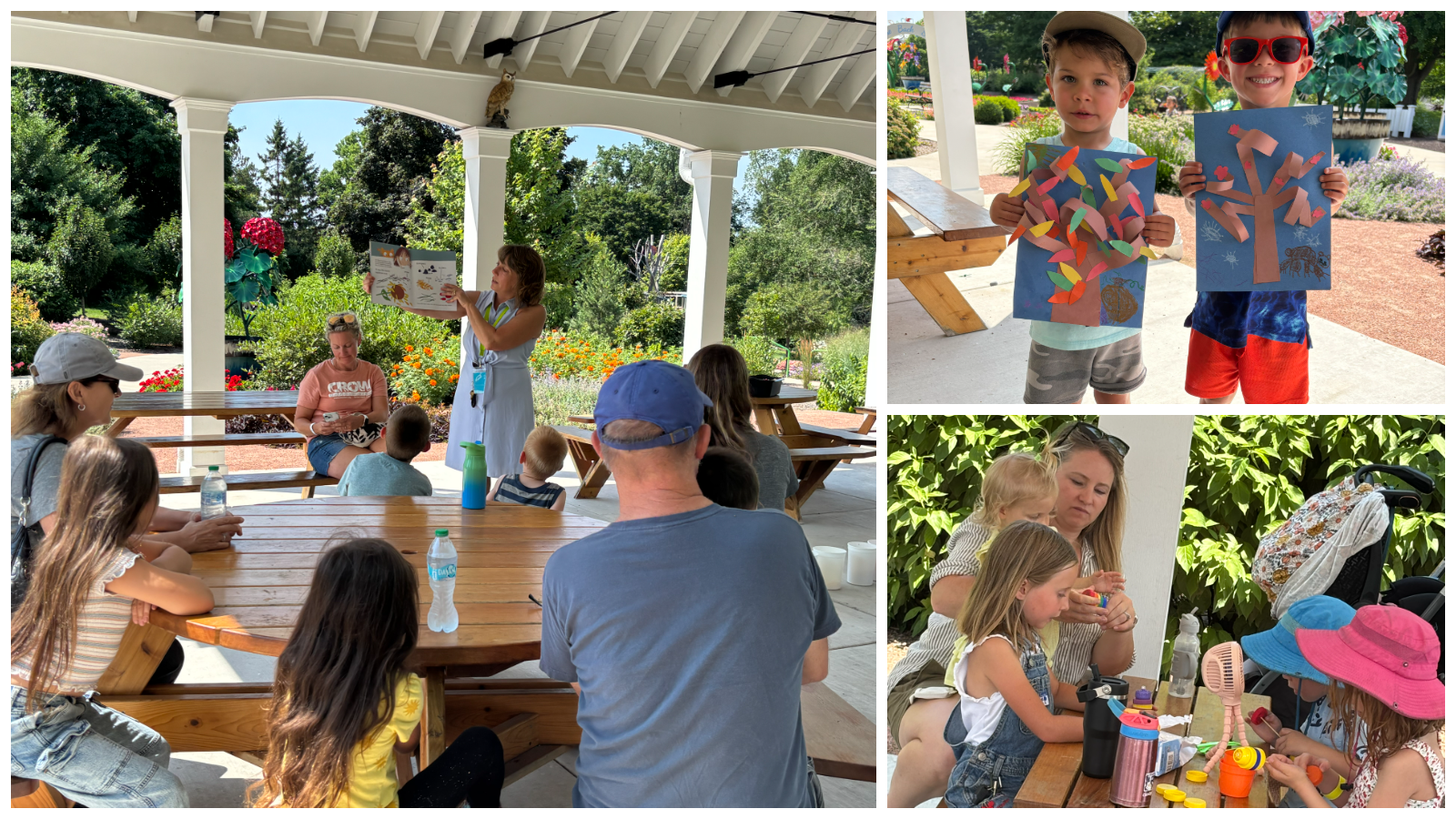 A collage with three photos. One photo is a group of children and parents listening to a story being read. The second image is a mother with her children doing craft projects at a picnic table, and the third is two young kids holding up their craft projects to show them off.