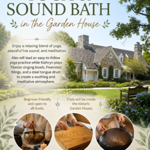Participants enjoy a relaxing yoga and sound bath experience inside the historic Garden House at Boerner Botanical Gardens, featuring meditation, Tibetan singing bowls, Freenotes Wings, and a steel tongue drum.