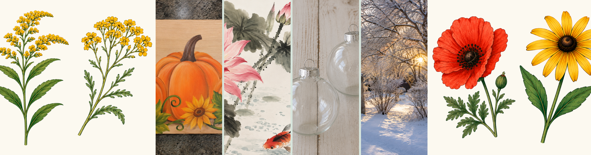 classes-photo-banner-1200x315-b Fall and winter community education classes at Boerner Botanical Gardens — a painted pumpkin sign, Chinese brush painting, glass ornaments, and a snowy garden path, framed by wildflower illustrations.